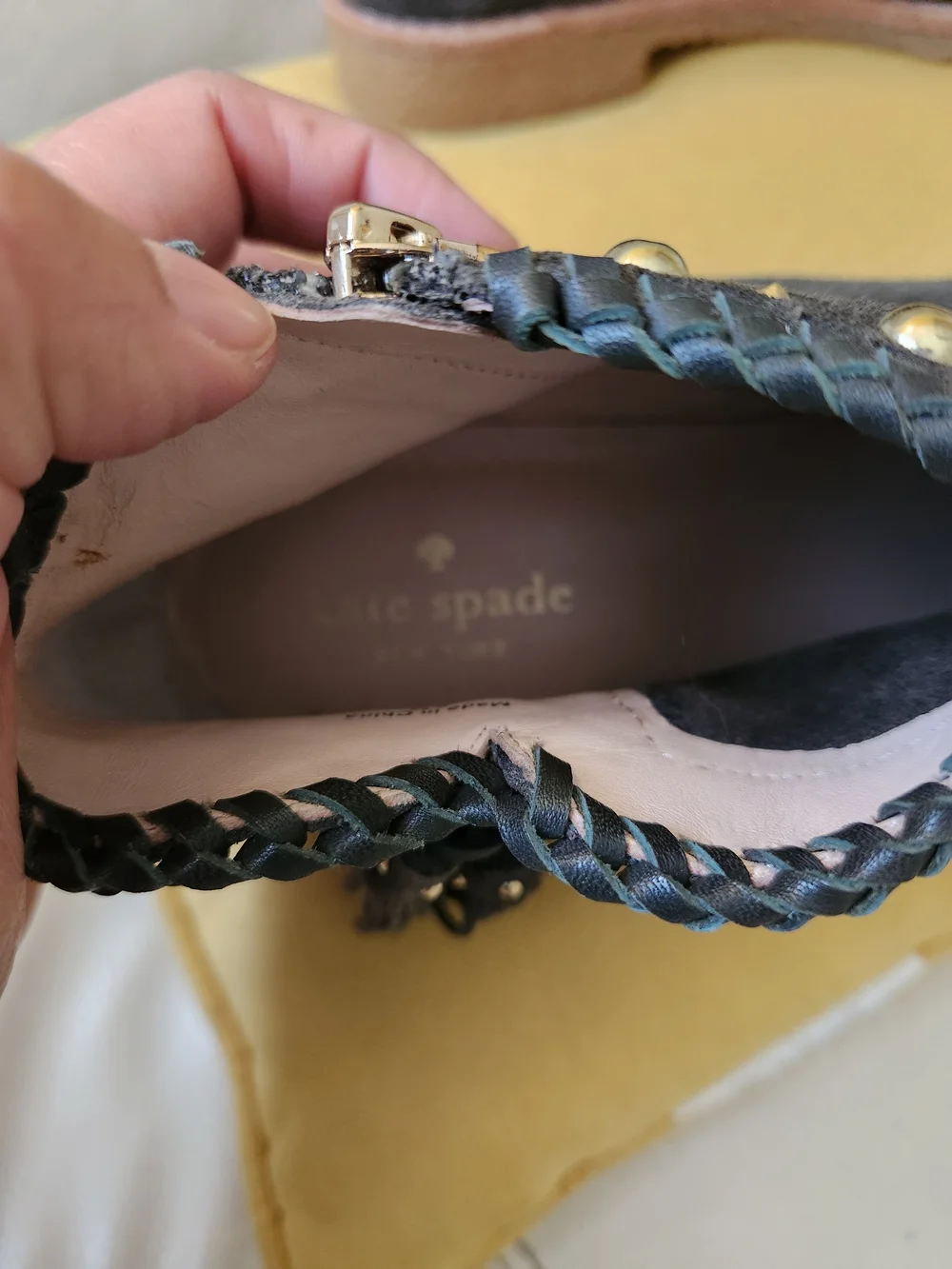 kate spade Black Suede Ankle Booties with Braided Trim and Tassels